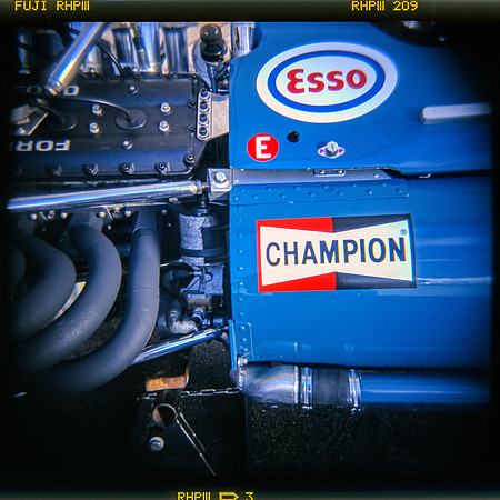 race car, Ford engine, champion, esso, blue, fujichrome, Holga