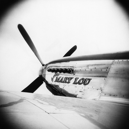 Holga, propeller, vignette, old plane, Oshkosh EAA, Mary Lou, black and white film